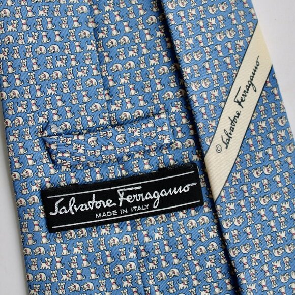 Salvatore Ferragamo Men's Italian Blue Dog Patterned Silk Neck Tie - Picture 4 of 4